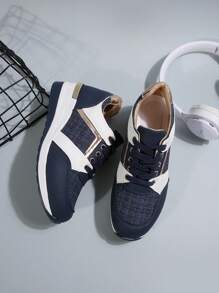 Women's Fashion Lace-Up Casual Sports Shoes, Academy Style Navy Blue Contrast White Increased Heel Thick Sole Outdoor Skateboard Sneakers, For Spring Autumn - Navy Blue - View 6