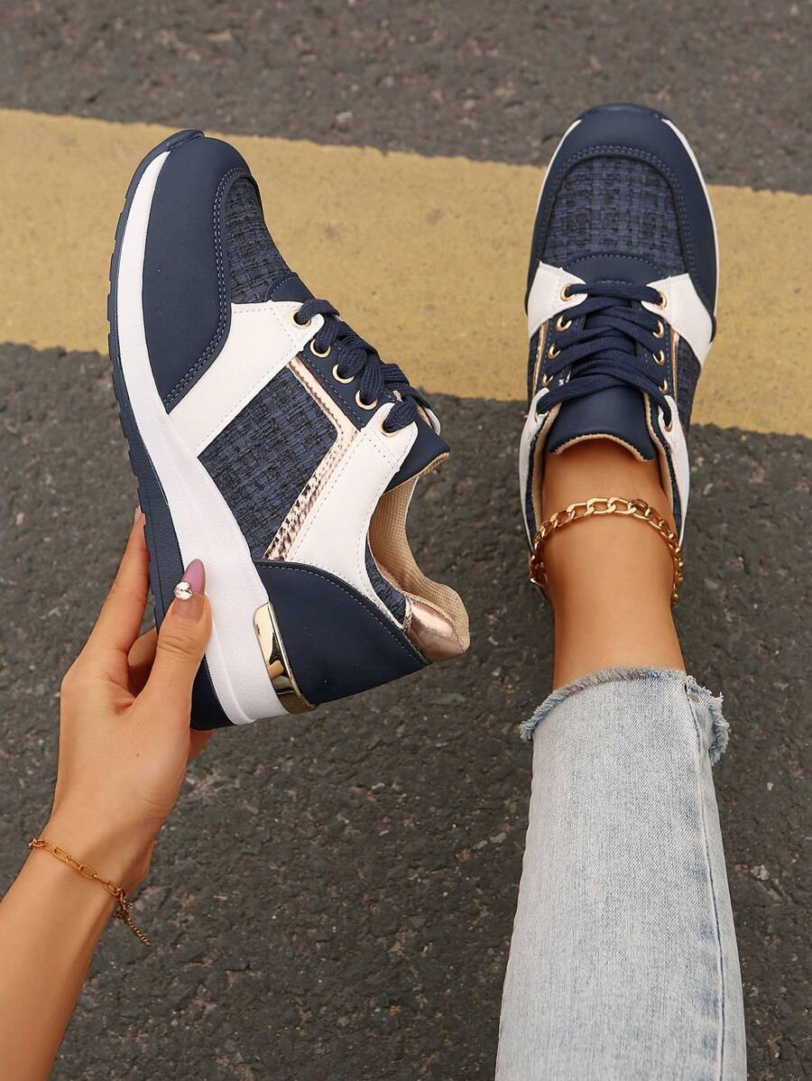 Women's Fashion Lace-Up Casual Sports Shoes, Academy Style Navy Blue Contrast White Increased Heel Thick Sole Outdoor Skateboard Sneakers, For Spring Autumn - Navy Blue - View 1