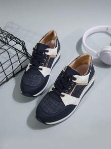 Women's Fashion Lace-Up Casual Sports Shoes, Academy Style Navy Blue Contrast White Increased Heel Thick Sole Outdoor Skateboard Sneakers, For Spring Autumn - Navy Blue - View 4