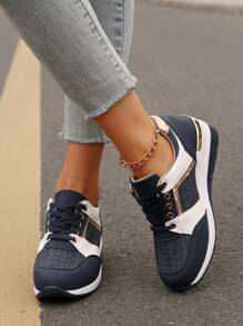 Women's Fashion Lace-Up Casual Sports Shoes, Academy Style Navy Blue Contrast White Increased Heel Thick Sole Outdoor Skateboard Sneakers, For Spring Autumn - Navy Blue - View 5