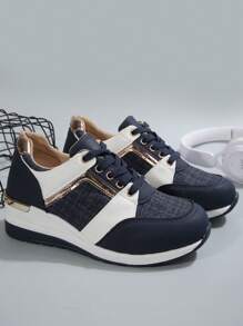 Women's Fashion Lace-Up Casual Sports Shoes, Academy Style Navy Blue Contrast White Increased Heel Thick Sole Outdoor Skateboard Sneakers, For Spring Autumn - Navy Blue - View 2