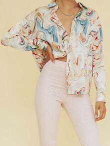 Women's Marble Print Drop Shoulder Long Sleeve Single-Breasted Casual Shirt