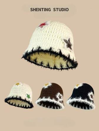 1 件女式复古毛绒星星针织渔夫帽，秋冬韩式百搭、美观且温暖的帽子