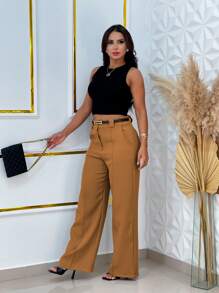 Wide Leg Tailored Dress Pants With Thin Belt - Camel - View 3