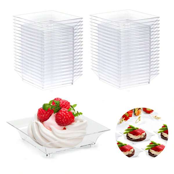 25 Pcs/50 Pcs/75 Pcs/100 Pcs Clear MINI Dessert Dlates, Square Sauce Dlate, Stackable Design For Easy Cleaning And Storage, Elegant And Stylish Hors D'oeuvres Plates Are Good Choices For Wedding Reception, Baby Showers, New Year's Eve, Birthday, Retirement, Buffet, Cocktail,Carnival, Outdoor Event