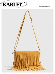 1 件女士波西米亚风手提包，鹿皮绒面复古哑光水桶包，英伦风小方包，流苏斜挎包，橄榄绿、黑色、咖啡棕可选。适合上学、工作、商务、通勤、户外、旅行 - 黃色 - 查看 1