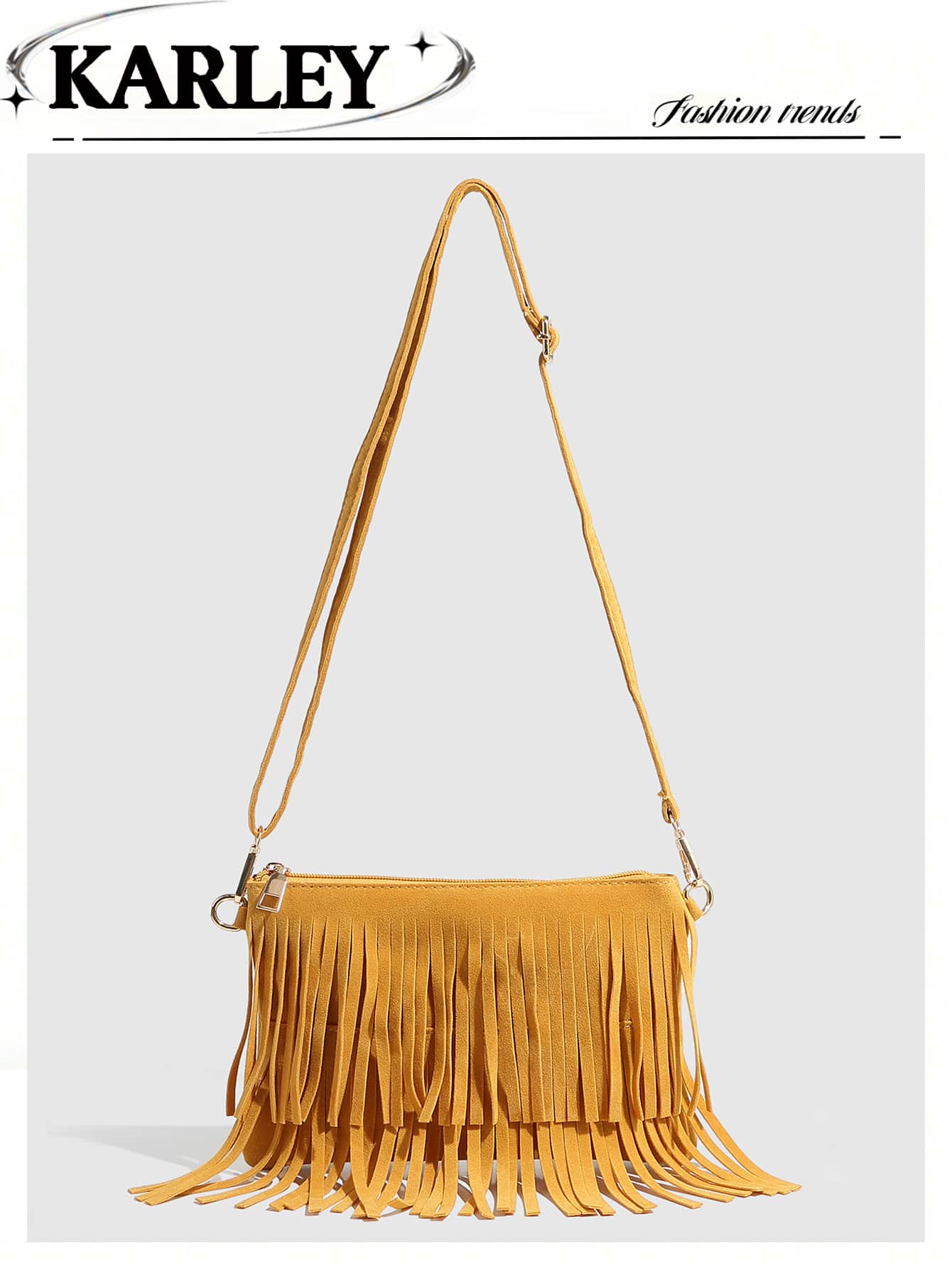 1 件女士波西米亚风手提包，鹿皮绒面复古哑光水桶包，英伦风小方包，流苏斜挎包，橄榄绿、黑色、咖啡棕可选。适合上学、工作、商务、通勤、户外、旅行 - 黃色 - 查看 1