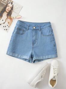 Quần short denim nữ dáng ôm, cạp chun, thêu nơ ở gấu quần, kiểu dáng thường ngày mùa hè. - Màu xanh lam - Xem 2