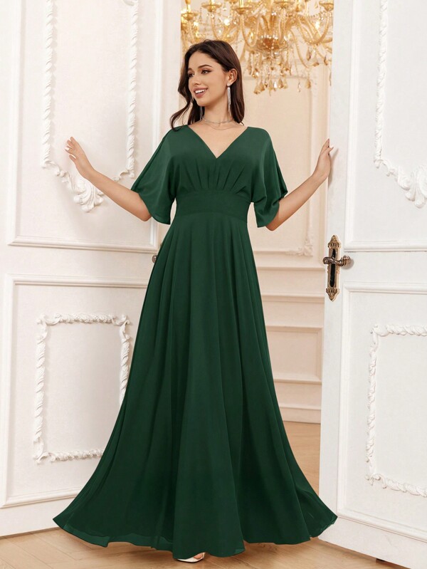 Volly Toych Bodenlange elegante Chiffon Maxi Brautjungfernkleid im A-Linie Schnitt mit V-Ausschnitt in Jägergrün, Für Mütter der Braut