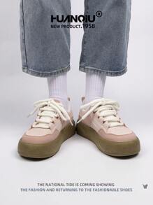 HUANQIU 环球女士时尚百搭厚底休闲运动鞋，舒适时尚的女士运动鞋，适合所有季节，粉色和彩色，学生休闲平底鞋 - 粉色 - 查看 8
