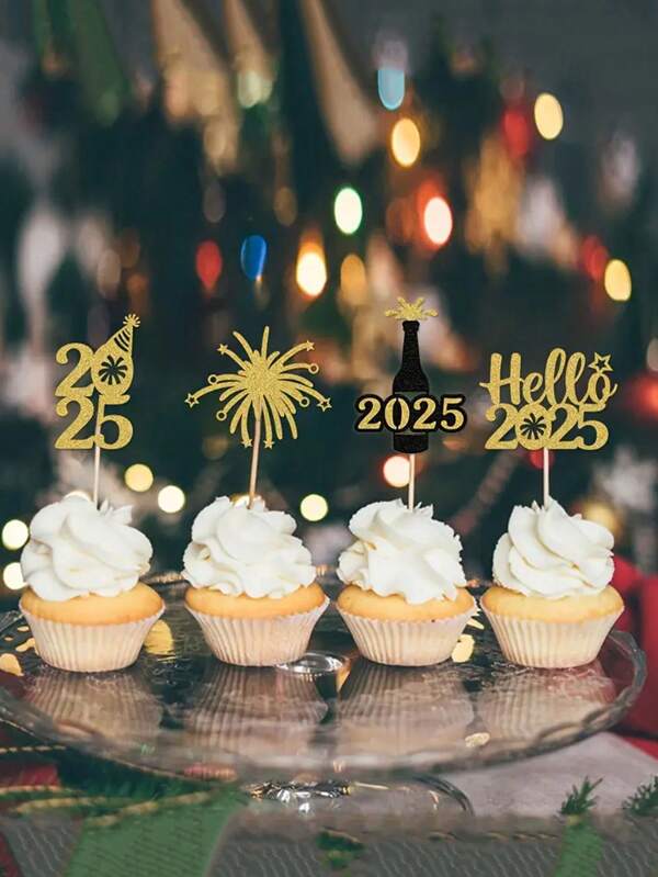 12 peças de decorações de bolo de ano novo 2025 - decoração de madeira para feriados com fogos de artifício, champanhe e designs de relógio para decorações de festa de ano novo