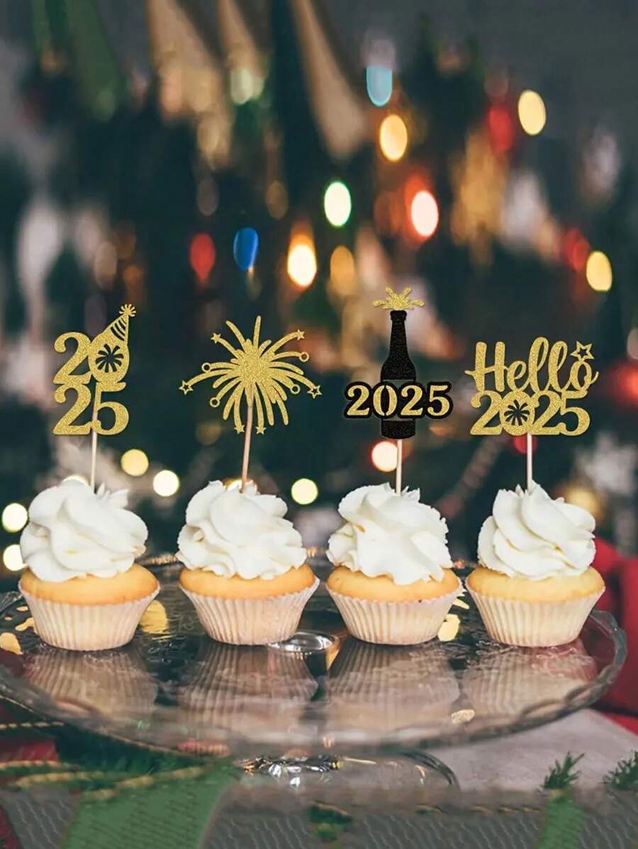 12 peças de decorações de bolo de ano novo 2025 - decoração de madeira para feriados com fogos de artifício, champanhe e designs de relógio para decorações de festa de ano novo