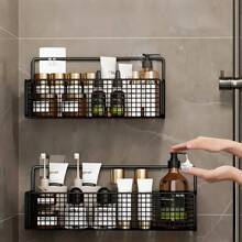Bathroom Organiser Multifunctional Toiletries Organiser No-Punch Bathroom Shelf Bathroom Kitchen Wall Mount Storage Rack - Black - View 3