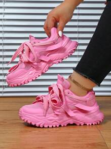 Comfortable And Stylish Outdoor Leisure Shoes, Suitable For City Walking, Commuting, Fitness And Traveling, Round Toe Low Top Color Block Lace-Up Chunky Sneakers, Versatile And Perfect For Holidays Gift Women Sports Shoes - Pink - View 7