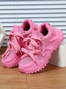 Comfortable And Stylish Outdoor Leisure Shoes, Suitable For City Walking, Commuting, Fitness And Traveling, Round Toe Low Top Color Block Lace-Up Chunky Sneakers, Versatile And Perfect For Holidays Gift Women Sports Shoes - Pink - View 5
