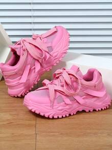 Comfortable And Stylish Outdoor Leisure Shoes, Suitable For City Walking, Commuting, Fitness And Traveling, Round Toe Low Top Color Block Lace-Up Chunky Sneakers, Versatile And Perfect For Holidays Gift Women Sports Shoes - Pink - View 8