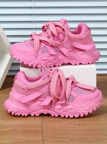 Comfortable And Stylish Outdoor Leisure Shoes, Suitable For City Walking, Commuting, Fitness And Traveling, Round Toe Low Top Color Block Lace-Up Chunky Sneakers, Versatile And Perfect For Holidays Gift Women Sports Shoes - Pink - View 1