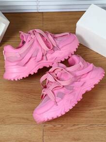 Comfortable And Stylish Outdoor Leisure Shoes, Suitable For City Walking, Commuting, Fitness And Traveling, Round Toe Low Top Color Block Lace-Up Chunky Sneakers, Versatile And Perfect For Holidays Gift Women Sports Shoes - Pink - View 6