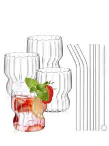1pc/4pcs/8pcs 咖啡玻璃吸管杯、果汁杯、奶茶杯、冷饮杯、浓缩咖啡杯、条纹玻璃吸管、波浪杯、波浪形玻璃杯、冰咖啡杯、啤酒杯，非常适合鸡尾酒，适用于鸡尾酒、威士忌、饮料、牛奶，适用于家庭晚餐、酒吧和聚会、礼物