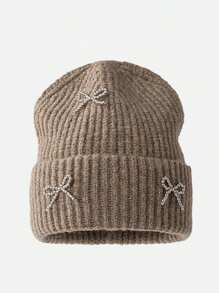 1pc Autumn/Winter New Butterfly Pearl Decor Knit Beanie Hat, Versatile Women Large Head Circumference Ear Warmer Beanies - 1pcs - View 15