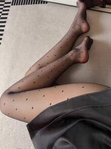 1 Pair Women Charming & Alluring Sheer Pantyhose Stockings, Polka Dot Design Black Tights, Suitable For Women Party Outfit, Attractive Thigh High Socks - Black - View 8