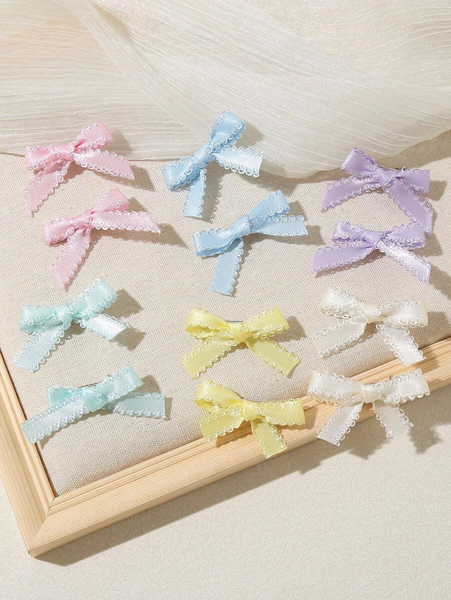 12pcs/Set Dopamine Colored Floral Lace Mini Bow Hair Clips, Y2K Style Side Bangs & Braid Hair Accessory, Back To School Gift - Multicolor - View 1