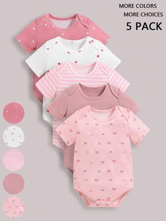 5pcs/Set Baby Girls' Comfortable Cute Casual Triangle Romper Outfit, Spring/Summer