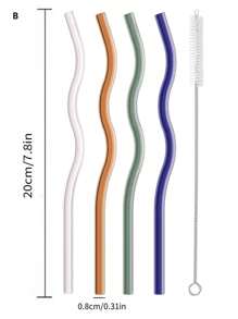 Set (4 Straws + 1 Brush) Wavy Glass Straws, Reusable Colorful Glass Straws With 1 Cleaning Brush, Heat Resistant, Perfect For Smoothies, Tea, Coffee, Juice, Festival Party Wedding, Kitchen Utensils, Party Supplies, 20cm/7.8inch,School Supplies - One Size - View 13