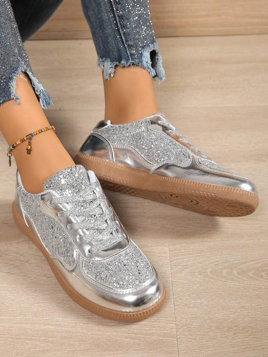 Women's Fashion Solid Silver Color Flat Sneakers, Casual Lace-Up Outdoor Comfortable Low-Top Sports Shoes - Silver - View 1