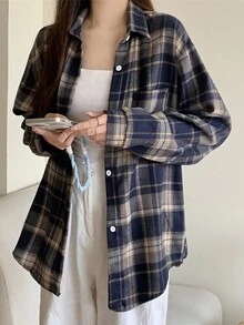Brushed Plaid Shirt New Stylish Loose Slimming Retro Mid-Length Top Long Sleeve Jacket