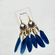 波西米亚风彩色羽毛耳环，女式串珠流苏吊坠耳环 - 白色 - 查看 14