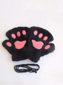 1 Pair Women's Beige Furry Cat Paw Fingerless Gloves, Animal Style Gloves Warm & Fashionable For Autumn/Winter - Beige - View 10