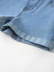 Quần short denim nữ dáng ôm, cạp chun, thêu nơ ở gấu quần, kiểu dáng thường ngày mùa hè. - Màu xanh lam - Xem 7