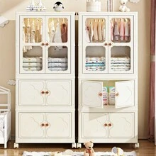 55cm/60cm Household Large Capacity Floor Standing Plastic Storage Box, Foldable Wardrobe Closet For Baby, No Assembly Required Double Door Folding Storage Cabinet, Small Space Lightweight Luxury Dust-Proof Wardrobe Closet For Bedroom - Multicolor - View 3