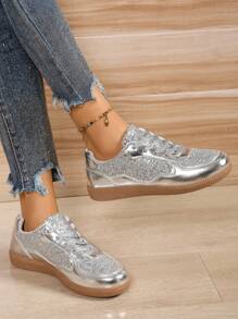 Women's Fashion Solid Silver Color Flat Sneakers, Casual Lace-Up Outdoor Comfortable Low-Top Sports Shoes - Silver - View 5