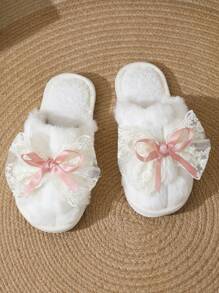 秋冬可爱女孩蕾丝蝴蝶结家居拖鞋,女士室内轻便防滑保暖毛绒一脚蹬拖鞋 - 粉色 - 查看 4