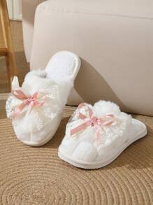 秋冬可爱女孩蕾丝蝴蝶结家居拖鞋,女士室内轻便防滑保暖毛绒一脚蹬拖鞋 - 粉色 - 查看 3