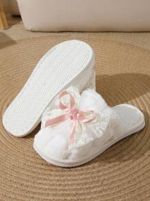 秋冬可爱女孩蕾丝蝴蝶结家居拖鞋,女士室内轻便防滑保暖毛绒一脚蹬拖鞋 - 粉色 - 查看 6