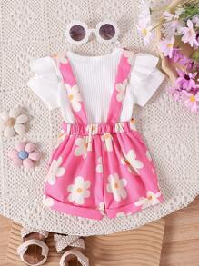 2pcs Baby & Baby Girl Cute Short Sleeve Jumpsuit + Dungaree Shorts Outfit Set, Lightweight Summer
