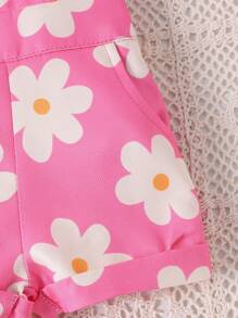 2pcs Baby & Baby Girl Cute Short Sleeve Jumpsuit + Dungaree Shorts Outfit Set, Lightweight Summer