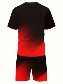 2 件男士渐变夏季服装套装，男士短袖圆领 T 恤和带口袋的松紧腰短裤套装 - 彩色 - 查看 2