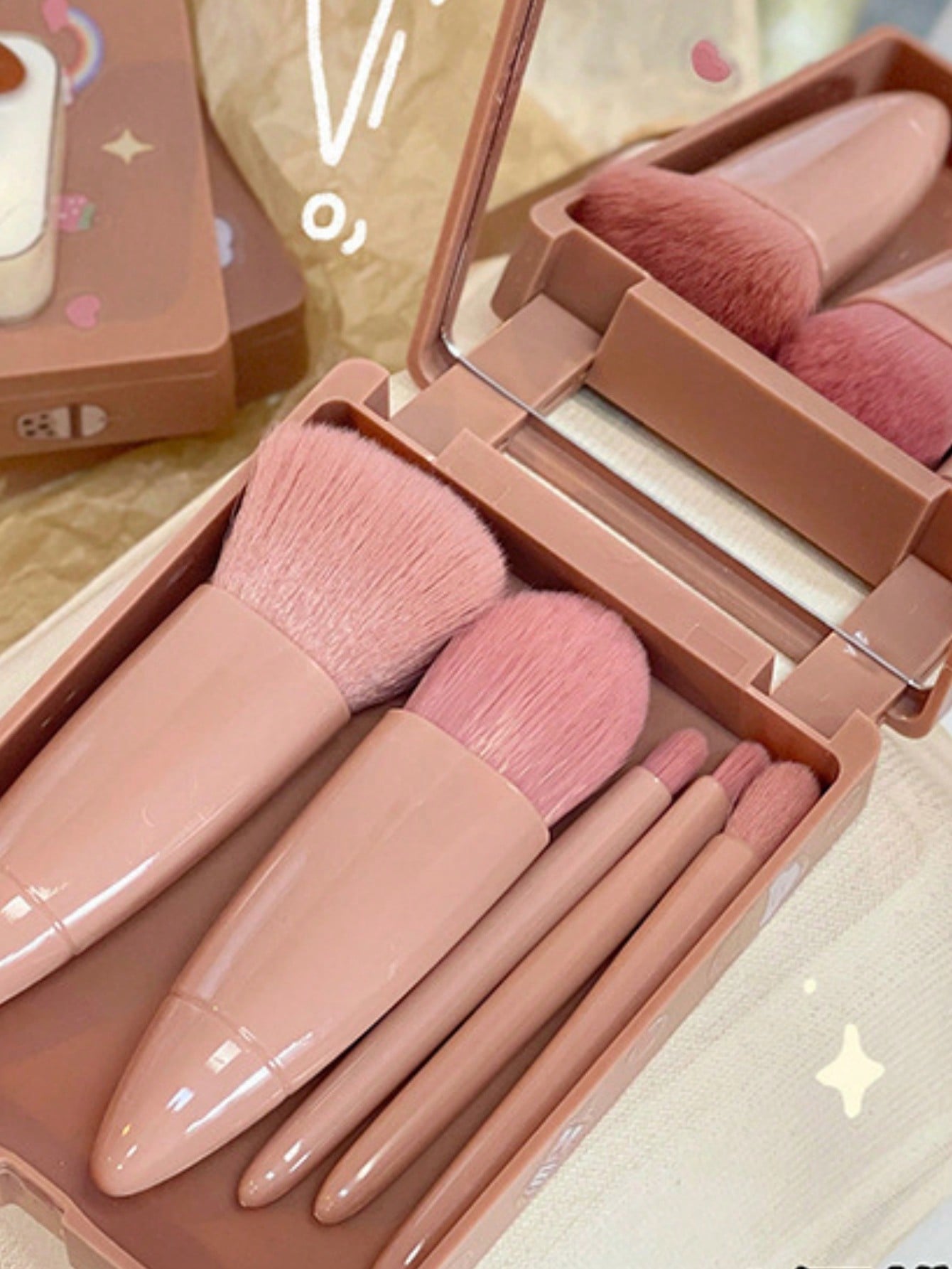 5 قطع مجموعة فرش مكياج مع حافظة مرآة صغيرة، فراشي...