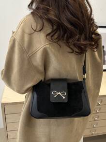 小众女士手提包，新款秋冬通勤单肩腋下包，韩版时尚斜挎包带蝴蝶结装饰，送给她的完美情人节礼物 - 黑色 - 查看 4