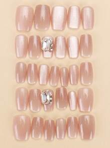 30 Pieces Of Short Coffin-Shaped Press-On False Nails, Simple Sparkling Diamonds, Sweet And Cool Japanese And Korean Style Women's Fingernail Patches, New Fashion For Fingertips, With 1 Piece Of Jelly Glue And 1 Piece Of Rub Strip, Suitable For Daily Casual Wear At Women's Parties And Dances Disassemble And Rewear