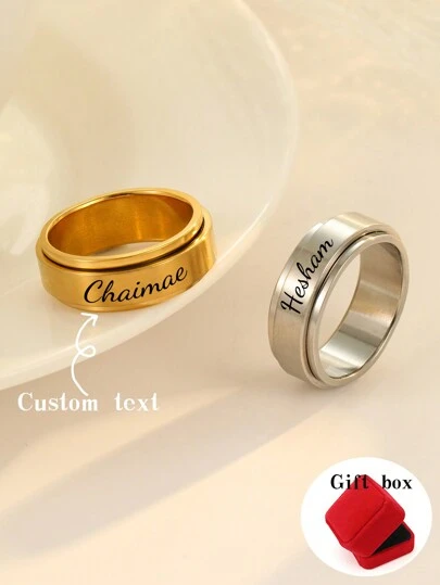 1pc Personalized Stainless Steel Rotatable Ring With Customized Name/Date, Anxiety Relief And Gift For Friends/Couples Gold,Silver Stylish,Fall Fashion,Casual,Vintage,Old Money,Contracted,Simple Custom,Personalized,Unique Ideal Gifts For Her Girlfriend,Mom,Family,Friends,Daughter,Her,Grandparents For Anniversaries,For Birthdays,For Daily Wear,For Prom,For Mother's Day,For Valentine's Day,For Graduation,For Weddings Valentines