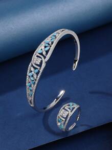 Bộ trang sức 2 chiếc vòng tay và nhẫn có thể điều chỉnh, với những viên đá Cubic Zirconia đầy màu sắc được lát thiết kế trang nhã, thích hợp làm quà tặng và trang phục hàng ngày cũng như lễ hội của các quý cô - màu vàng - Xem 2