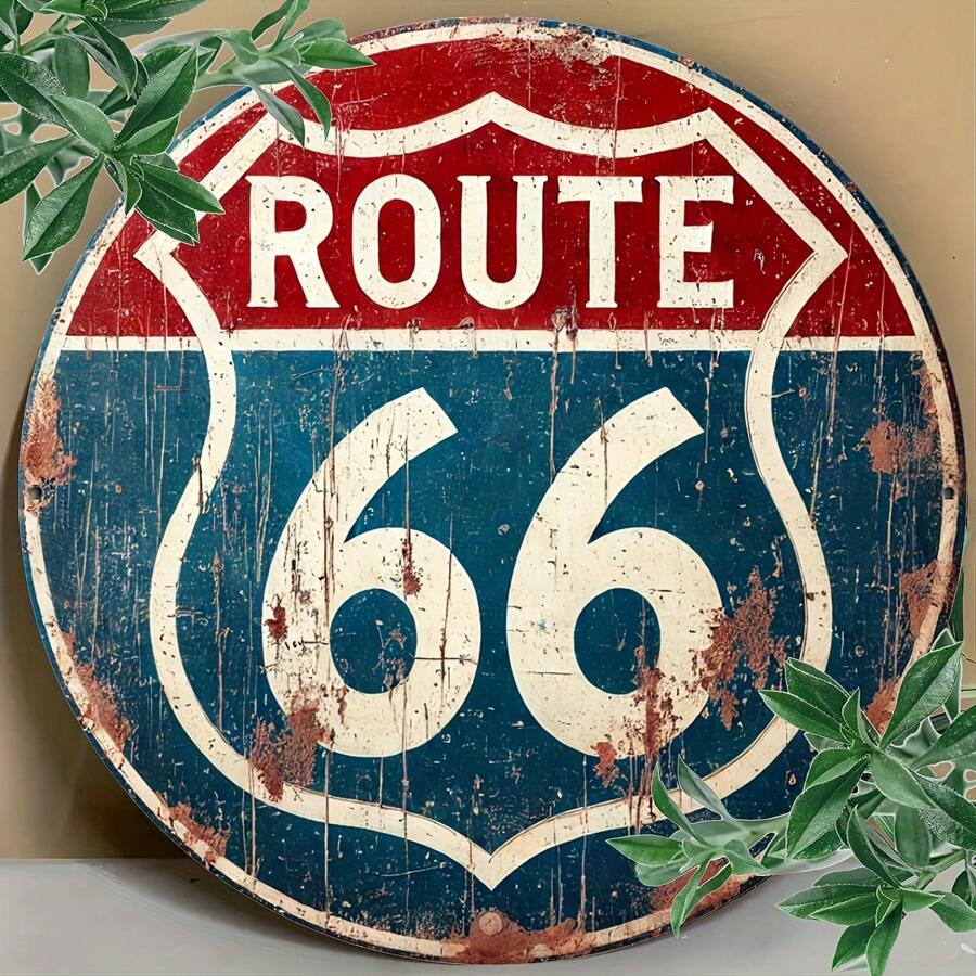 1 pieza Señal de metal vintage de la Ruta 66, arte de pared de metal redondo de 8 pulgadas, adecuado para decoración del hogar, jardín, cueva de hombre y garaje - Placa retro duradera para interiores y exteriores, regalo ideal para inauguración de casa o festividades, como se muestra en el tamaño