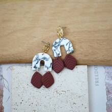 1 Pair Handmade Marble Texture Soft Pottery Leaf Pendant Hoop Earrings, Fashionable Minimalist Design For Women, Suitable For Vacation, Party, Daily Wear, Holiday Gift