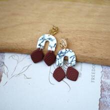 1 Pair Handmade Marble Texture Soft Pottery Leaf Pendant Hoop Earrings, Fashionable Minimalist Design For Women, Suitable For Vacation, Party, Daily Wear, Holiday Gift