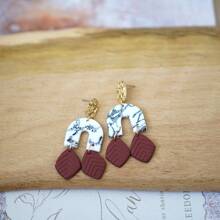 1 Pair Handmade Marble Texture Soft Pottery Leaf Pendant Hoop Earrings, Fashionable Minimalist Design For Women, Suitable For Vacation, Party, Daily Wear, Holiday Gift